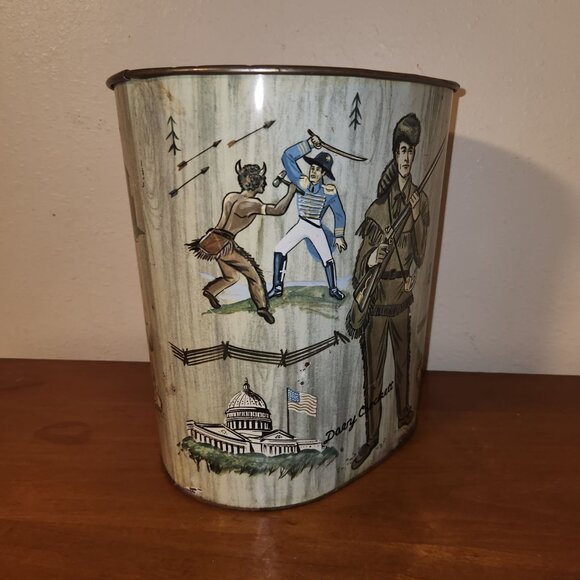 Davy Crockett Vintage 1956 Metal Trash Can 11.5" H x 11" L x 7" W - Picture 6 of 12